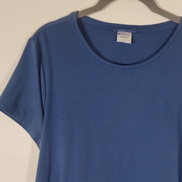 Athleta Air Out Cinch Tee Shirt Size L Blue Short Sleeve Fitted Open Back Stretc - Picture 3 of 13